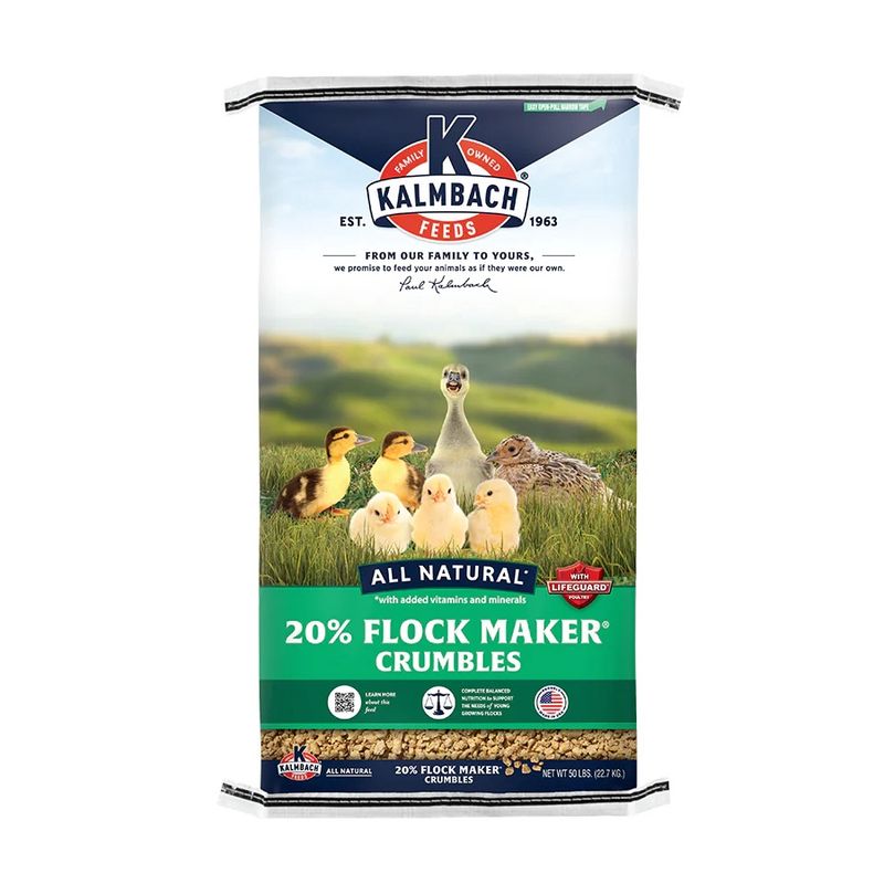 Kalmbach 20% Flock Maker Crumbles 50 lb bag front with young chickens, ducks, goose and game bird