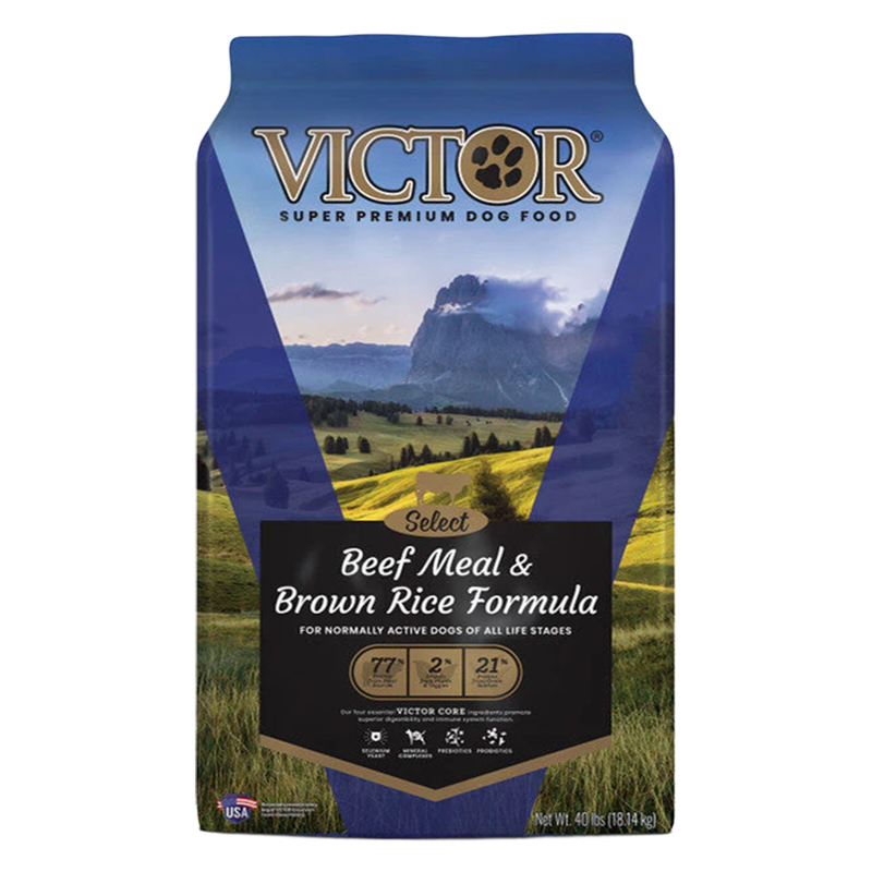 Front view of Victor Beef Meal &amp; Brown Rice Formula Dog Food 40 lb bag — LibertyFHG Galion OH