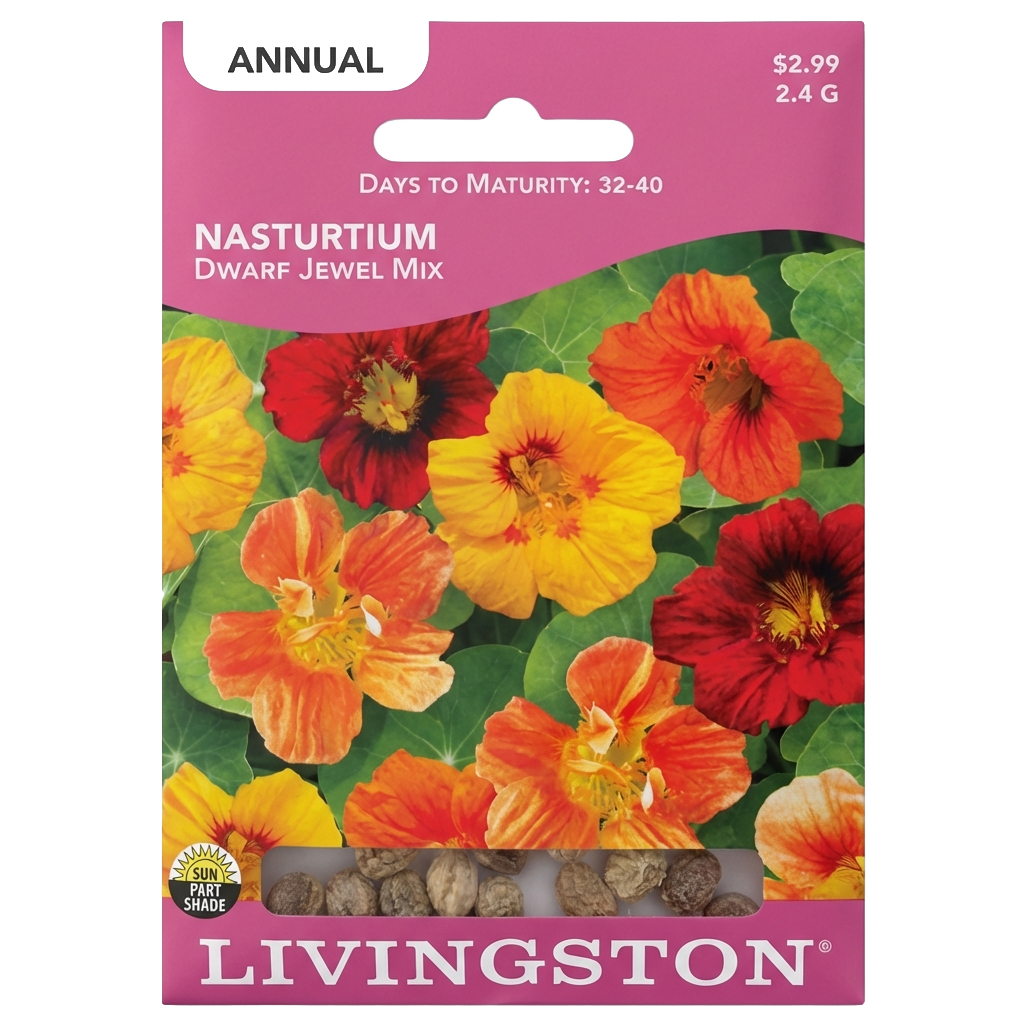 Nasturtium Dwarf Jewel Mix seeds in Galion for vibrant, edible non-GMO garden displays.
