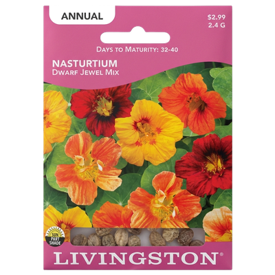Nasturtium Dwarf Jewel Mix seeds in Galion for vibrant, edible non-GMO garden displays.