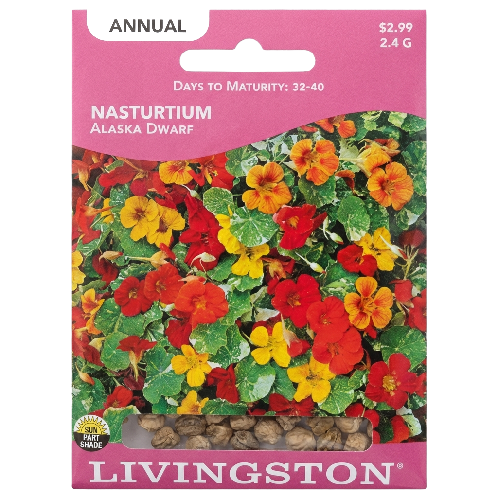 Nasturtium Alaska Dwarf seeds in Galion for unique, variegated non-GMO floral displays.