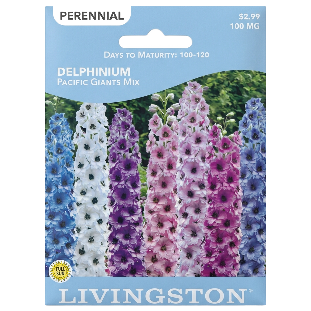 Delphinium Pacific Giants Mix seeds in Galion for towering, non-GMO perennial floral displays.
