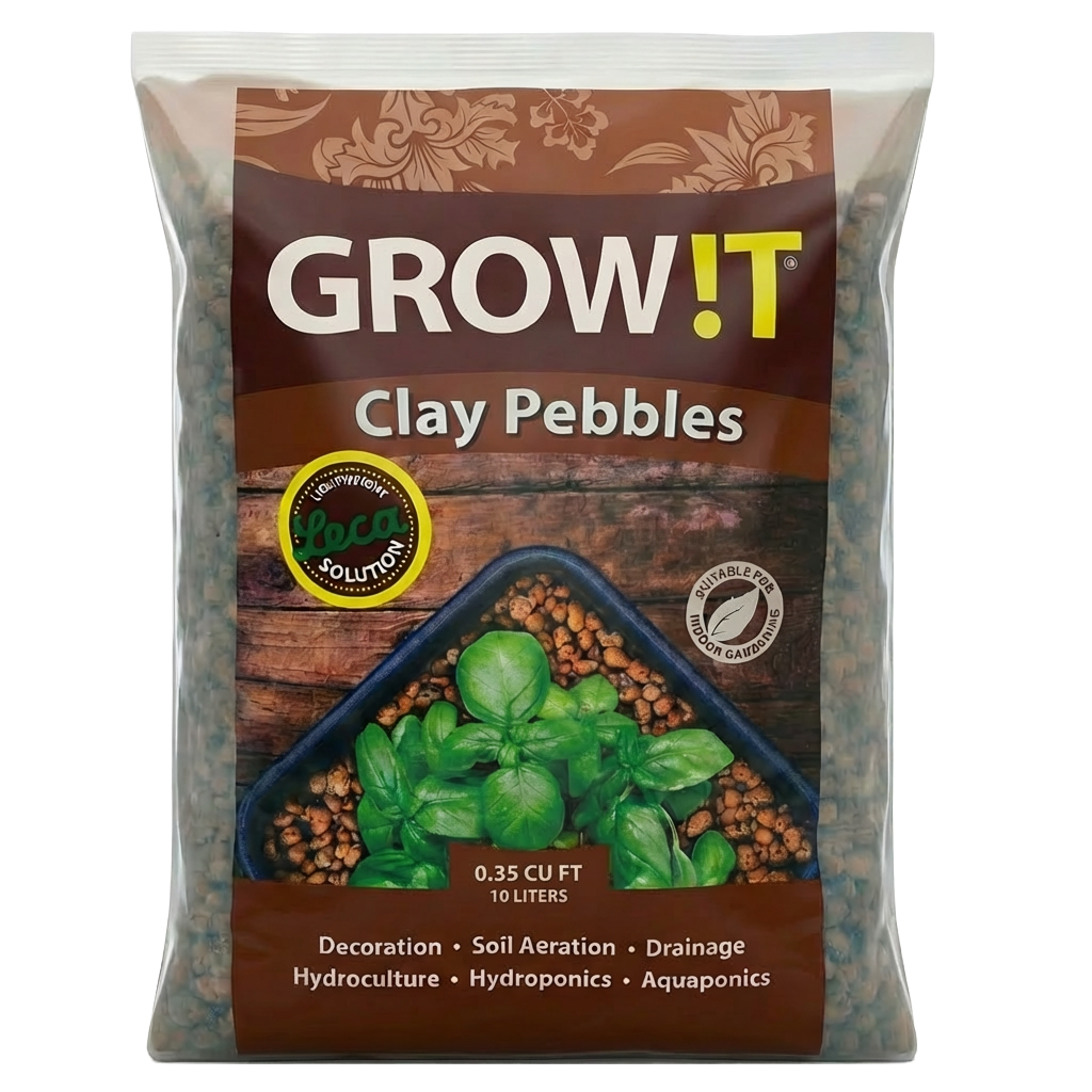 Front view of Hydrofarm Grow!T clay pebbles 10 liter bag — LibertyFHG Galion OH