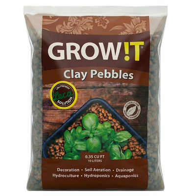 Front view of Hydrofarm Grow!T clay pebbles 10 liter bag — LibertyFHG Galion OH