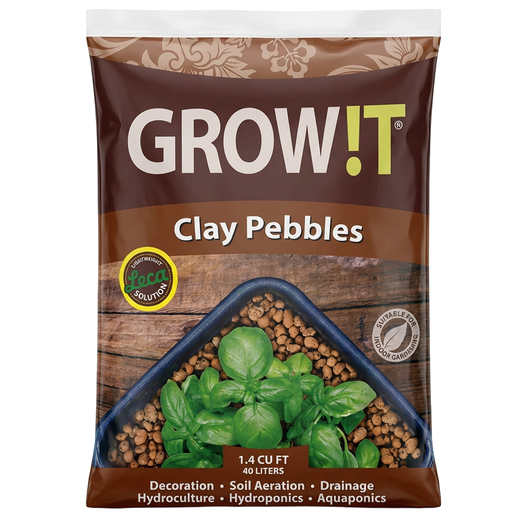 Front view of Hydrofarm Grow!T clay pebbles 40 liter bag — LibertyFHG Galion OH