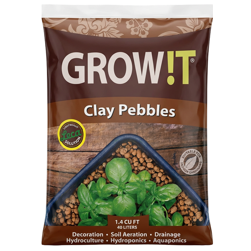 Front view of Hydrofarm Grow!T clay pebbles 40 liter bag — LibertyFHG Galion OH