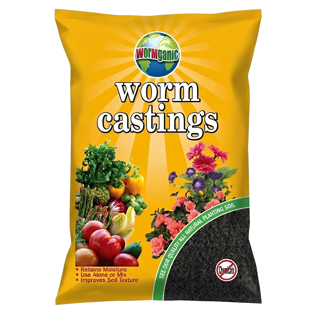 Front view of Wormganic worm castings 1 cu ft bag — LibertyFHG Galion OH