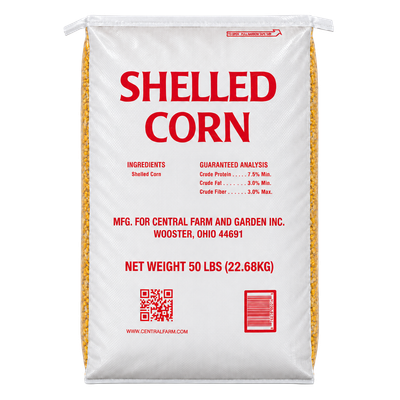 Central Farm and Garden shelled corn 50 lb bag with red lettering and guaranteed analysis on the front