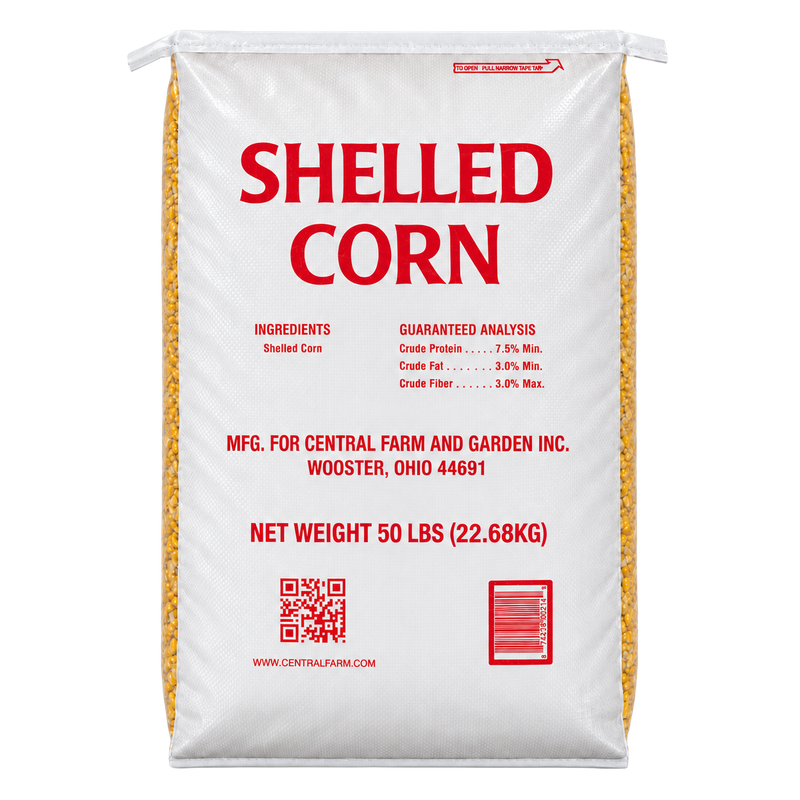 Central Farm and Garden shelled corn 50 lb bag with red lettering and guaranteed analysis on the front