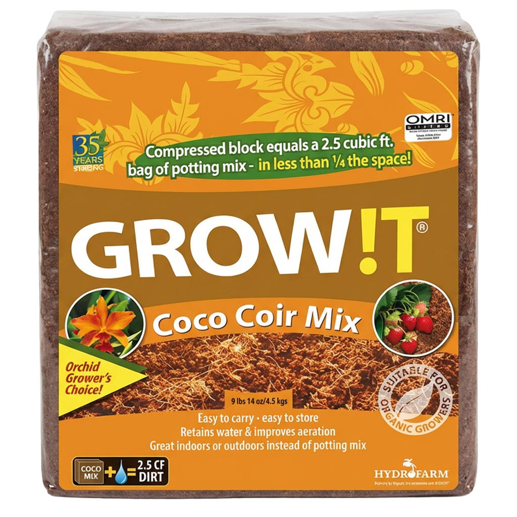 Front view of Hydrofarm Grow!T coco coir mix compressed block — LibertyFHG Galion OH