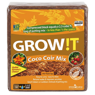 Front view of Hydrofarm Grow!T coco coir mix compressed block — LibertyFHG Galion OH