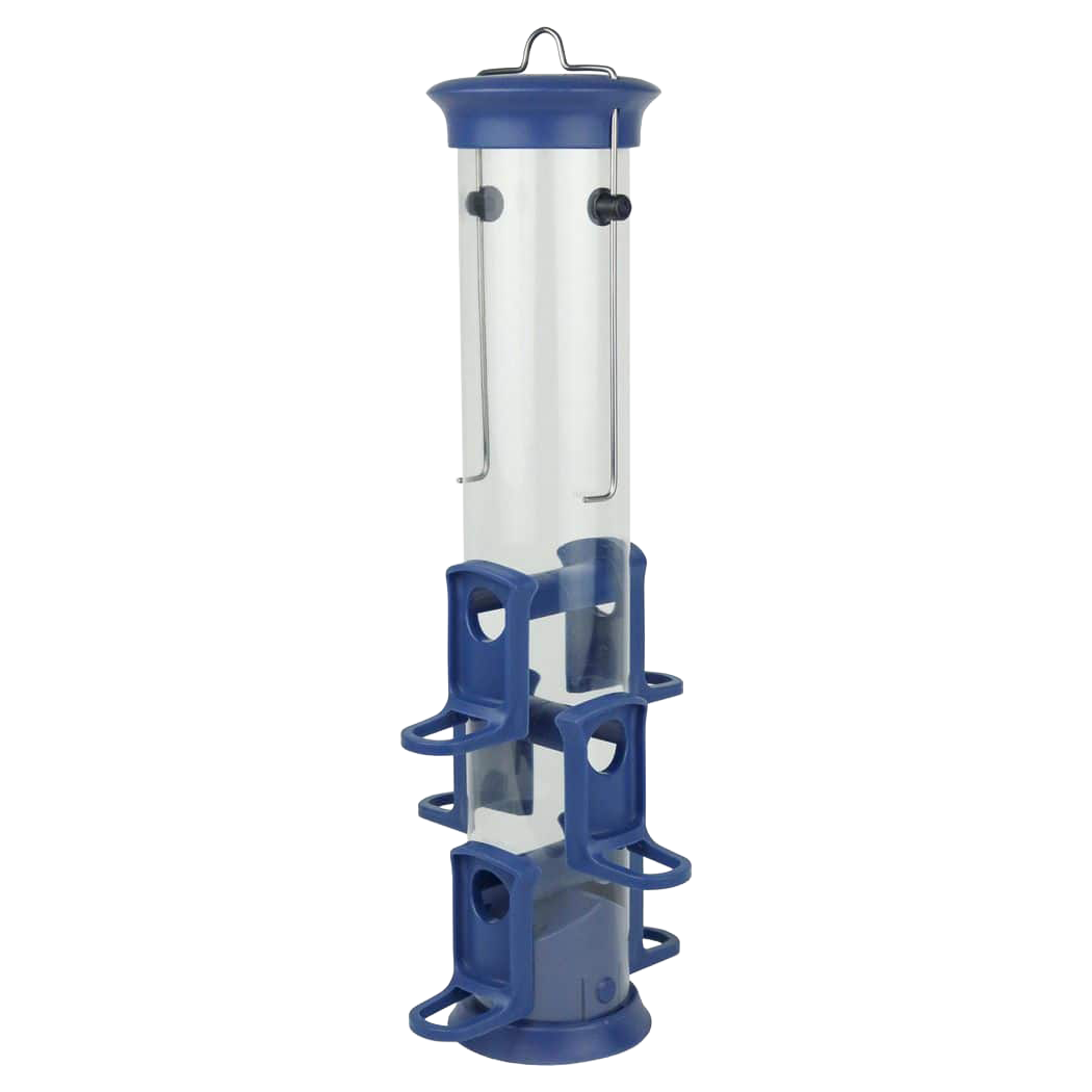 Front view of Wild Wings plastic tube bird feeder 1.2 qt blue — LibertyFHG Galion OH