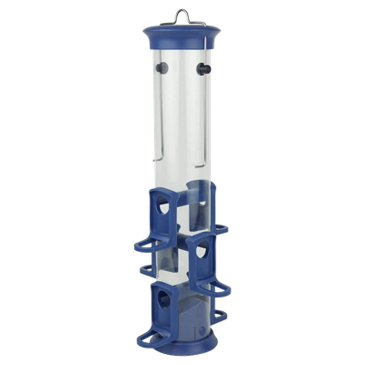 Front view of Wild Wings plastic tube bird feeder 1.2 qt blue — LibertyFHG Galion OH