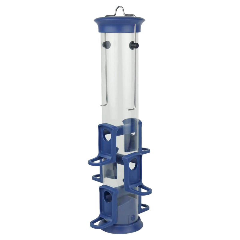 Front view of Wild Wings plastic tube bird feeder 1.2 qt blue — LibertyFHG Galion OH