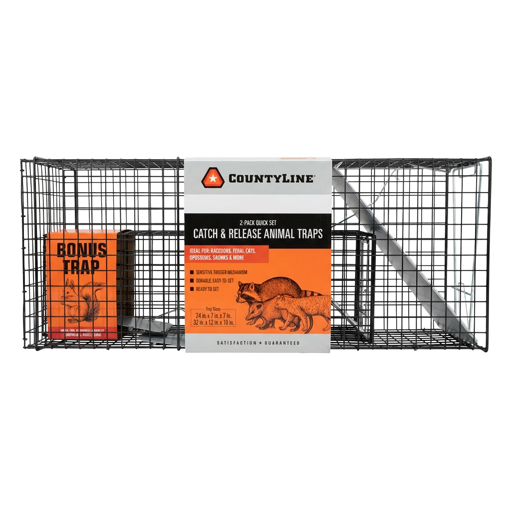 Front view of CountyLine quick-set catch and release live animal traps 2 pack — LibertyFHG Galion OH