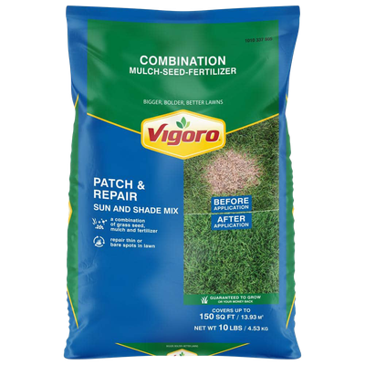 Front view of Vigoro Patch and Repair Sun and Shade grass seed 10 lb bag — LibertyFHG Galion OH