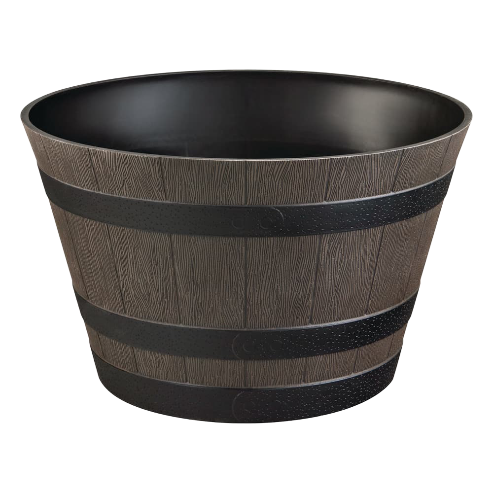 Front view of Vigoro Cameron whiskey barrel resin planter 22 inch — LibertyFHG Galion OH
