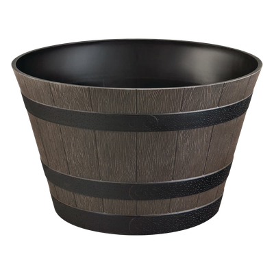 Front view of Vigoro Cameron whiskey barrel resin planter 22 inch — LibertyFHG Galion OH