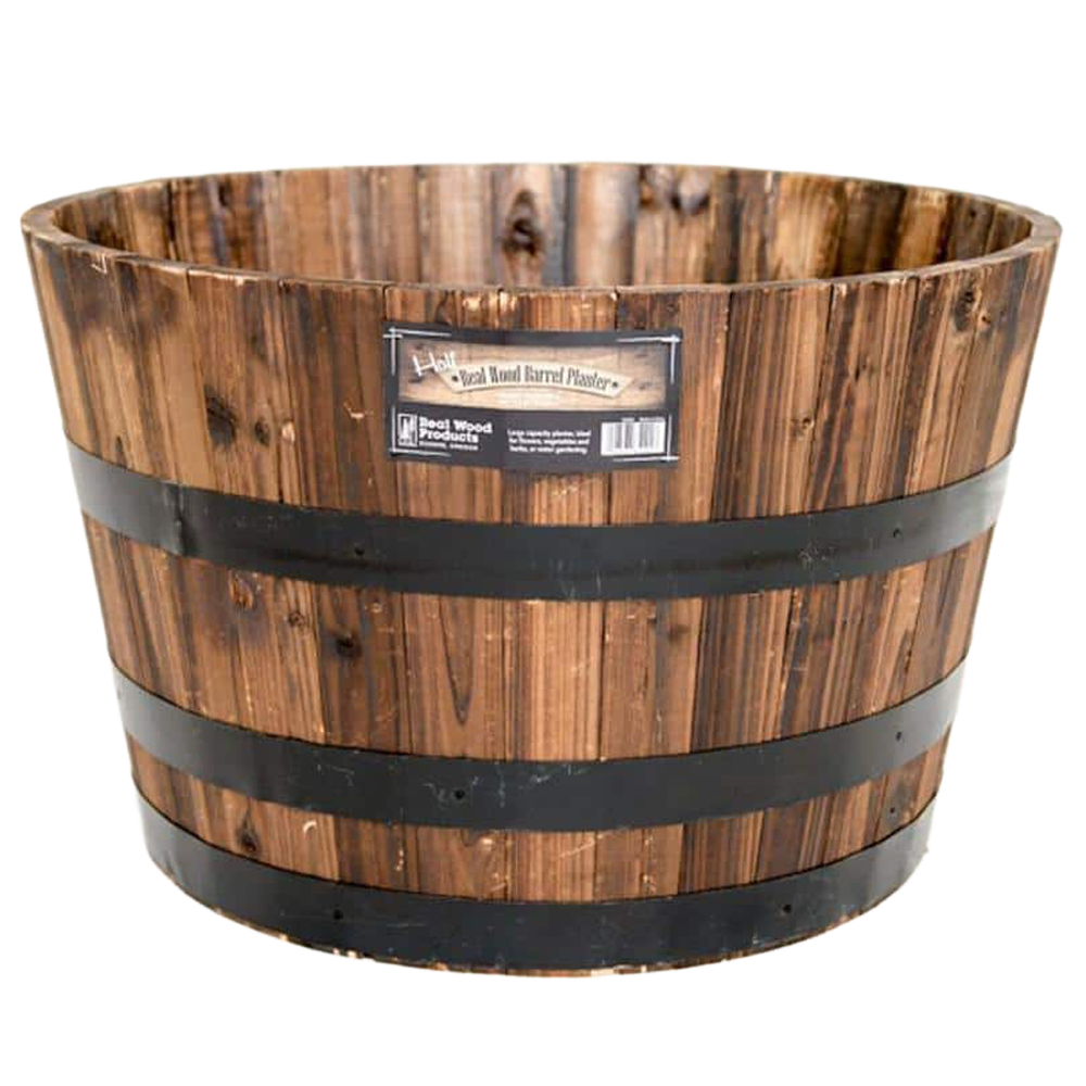 25 in dia burnt acacia wood whiskey barrel planter front view