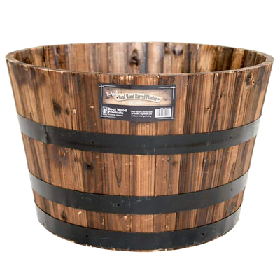 25 in dia burnt acacia wood whiskey barrel planter front view