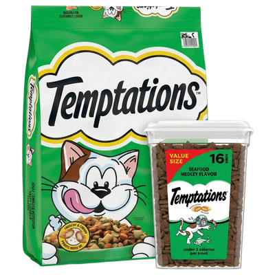 Temptations Seafood Medley 20 lb dry food and 16 oz treat bundle in Galion, OH
