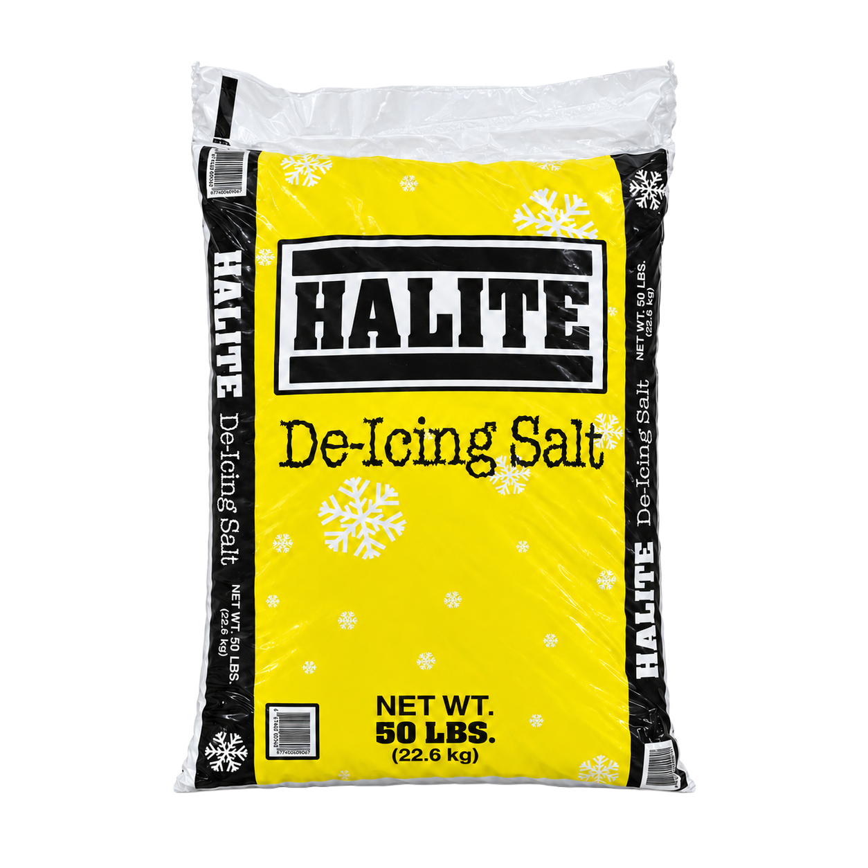 Yellow, black and white Halite De-Icing Salt 50 lb bag, front view