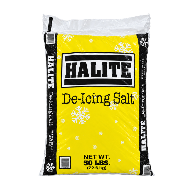 Yellow, black and white Halite De-Icing Salt 50 lb bag, front view