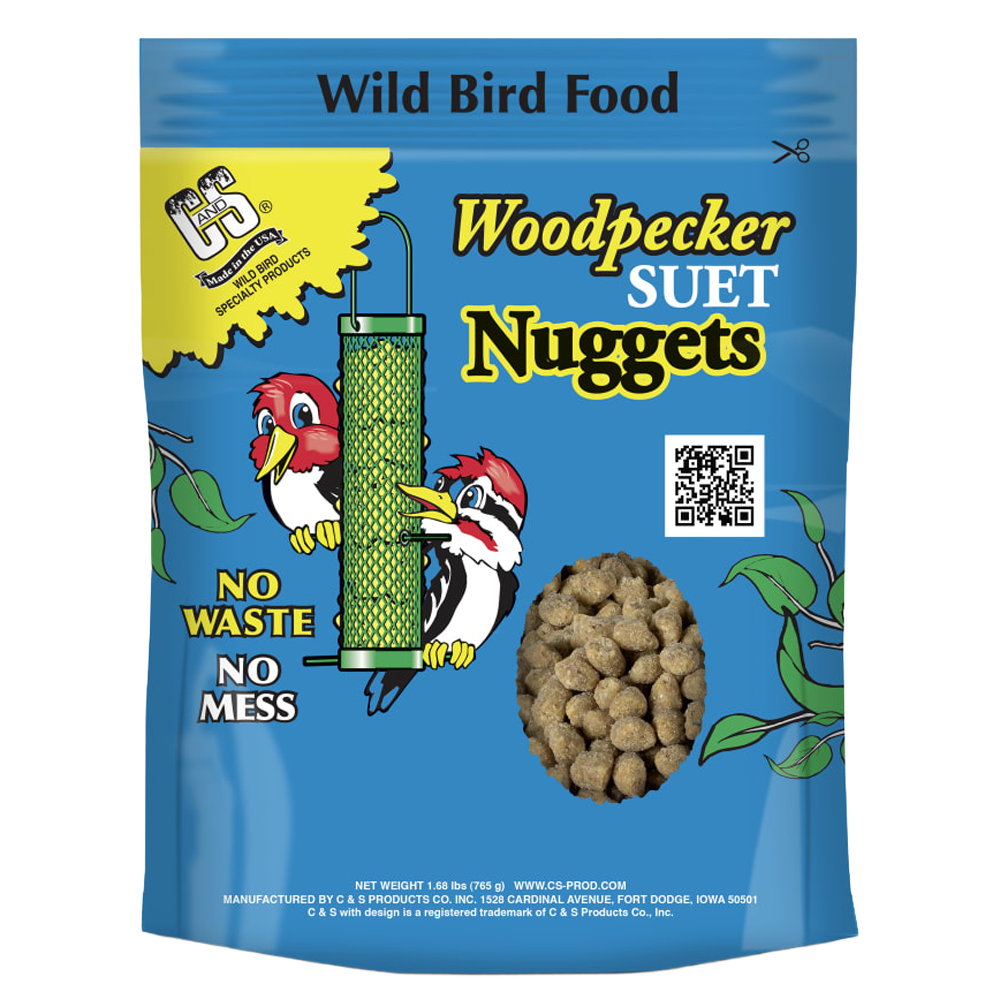 C&amp;S Woodpecker Suet Nuggets bag with feeder illustration and no-waste, no-mess claims