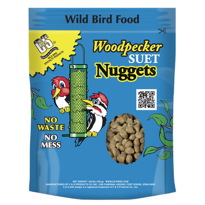C&amp;S Woodpecker Suet Nuggets bag with feeder illustration and no-waste, no-mess claims