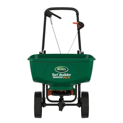 Scotts Turf Builder EdgeGuard DLX Broadcast Spreader for fertilizer and seed available at Liberty Farm Home and Garden in Galion Ohio