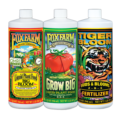 FoxFarm Soil Liquid Trio Pack with Big Bloom Grow Big and Tiger Bloom fertilizers available at Liberty Farm Home and Garden in Galion Ohio