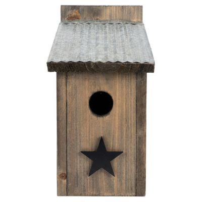 Panacea Rustic Farmhouse Bluebird House with tin roof and barnboard accents for backyard bird habitat