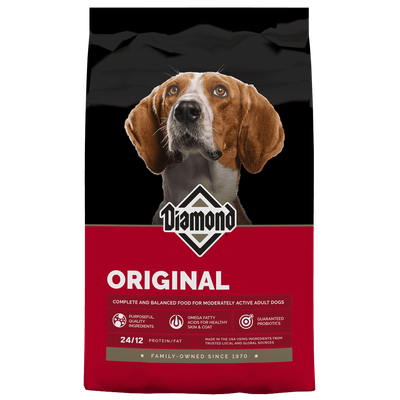 Diamond Original 50 lb adult dry dog food bag — front package with hound and 24/12 protein-fat callout