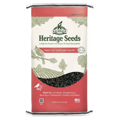 Heritage Seeds Black Oil Sunflower Seeds 40 lb bag front view, Kalmbach Wild Bird with seed window