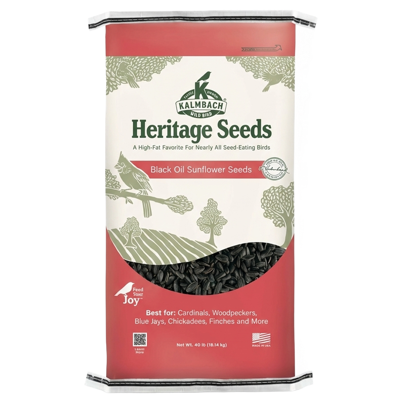 Heritage Seeds Black Oil Sunflower Seeds 40 lb bag front view, Kalmbach Wild Bird with seed window