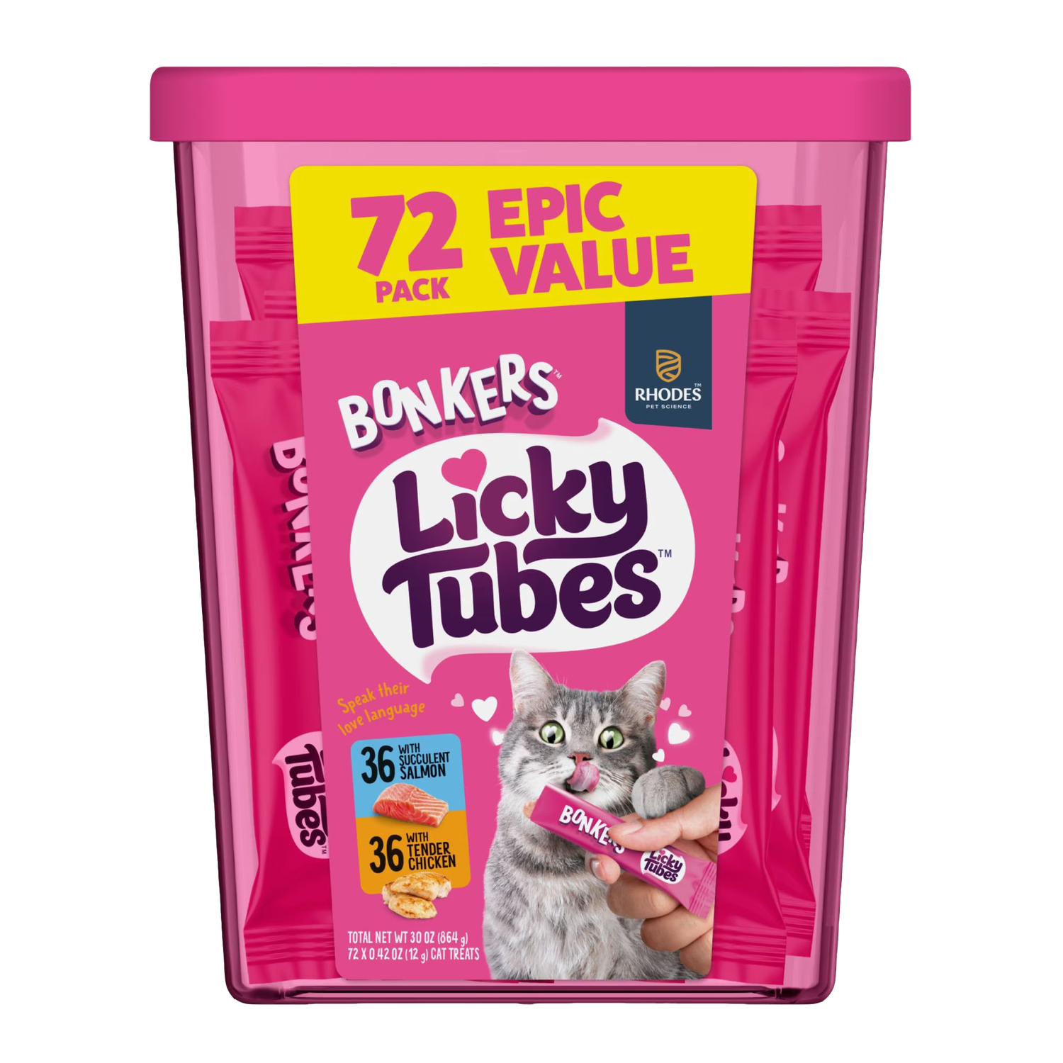 BONKERS Licky Tubes Chicken and Salmon Wet Cat Treats 72-Pack front packaging