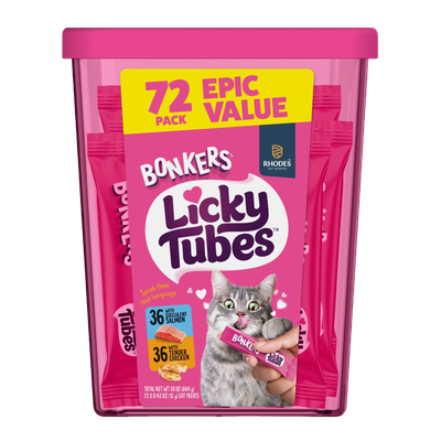 BONKERS Licky Tubes Chicken and Salmon Wet Cat Treats 72-Pack front packaging