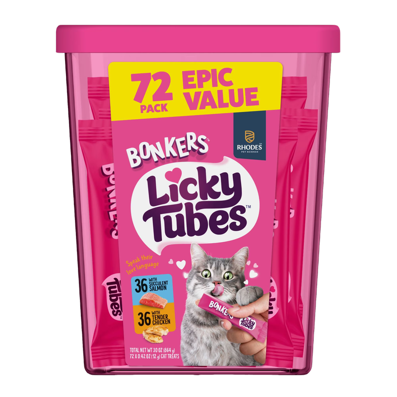 BONKERS Licky Tubes Chicken and Salmon Wet Cat Treats 72-Pack front packaging