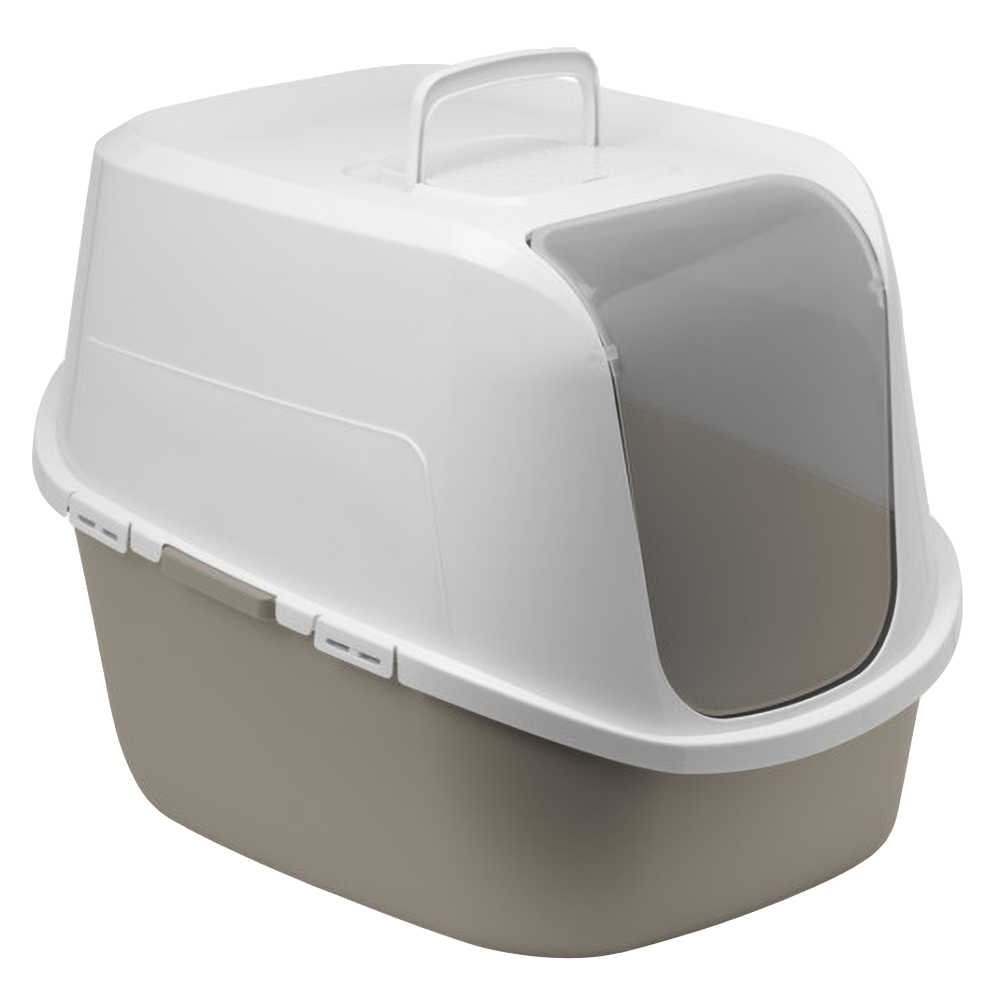 Moderna Amerix Hooded Cat Litter Box in warm grey with semi-translucent door and carry handle — available at Liberty Farm, Home &amp; Garden in Galion, OH