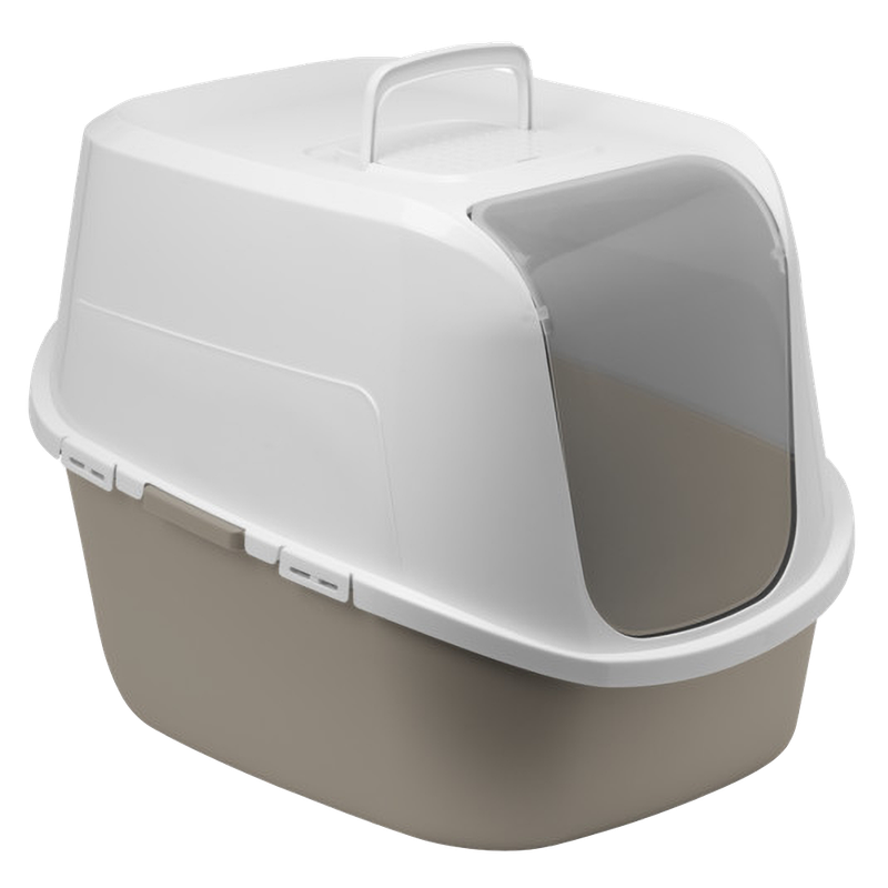 Moderna Amerix Hooded Cat Litter Box in warm grey with semi-translucent door and carry handle — available at Liberty Farm, Home &amp; Garden in Galion, OH