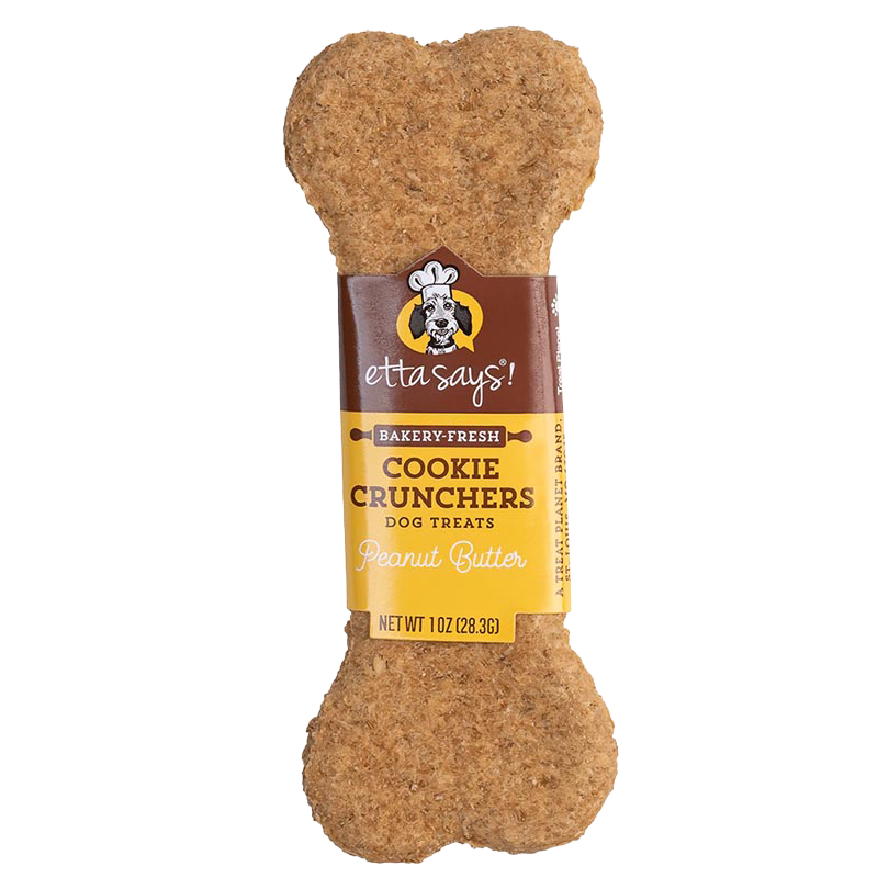 Etta Says! Peanut Butter Cookie Cruncher 1 oz — bone-shaped dog treat with brown-and-yellow sleeve