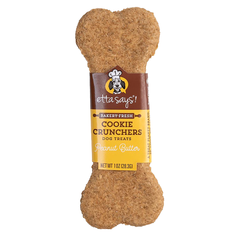 Etta Says! Peanut Butter Cookie Cruncher 1 oz — bone-shaped dog treat with brown-and-yellow sleeve