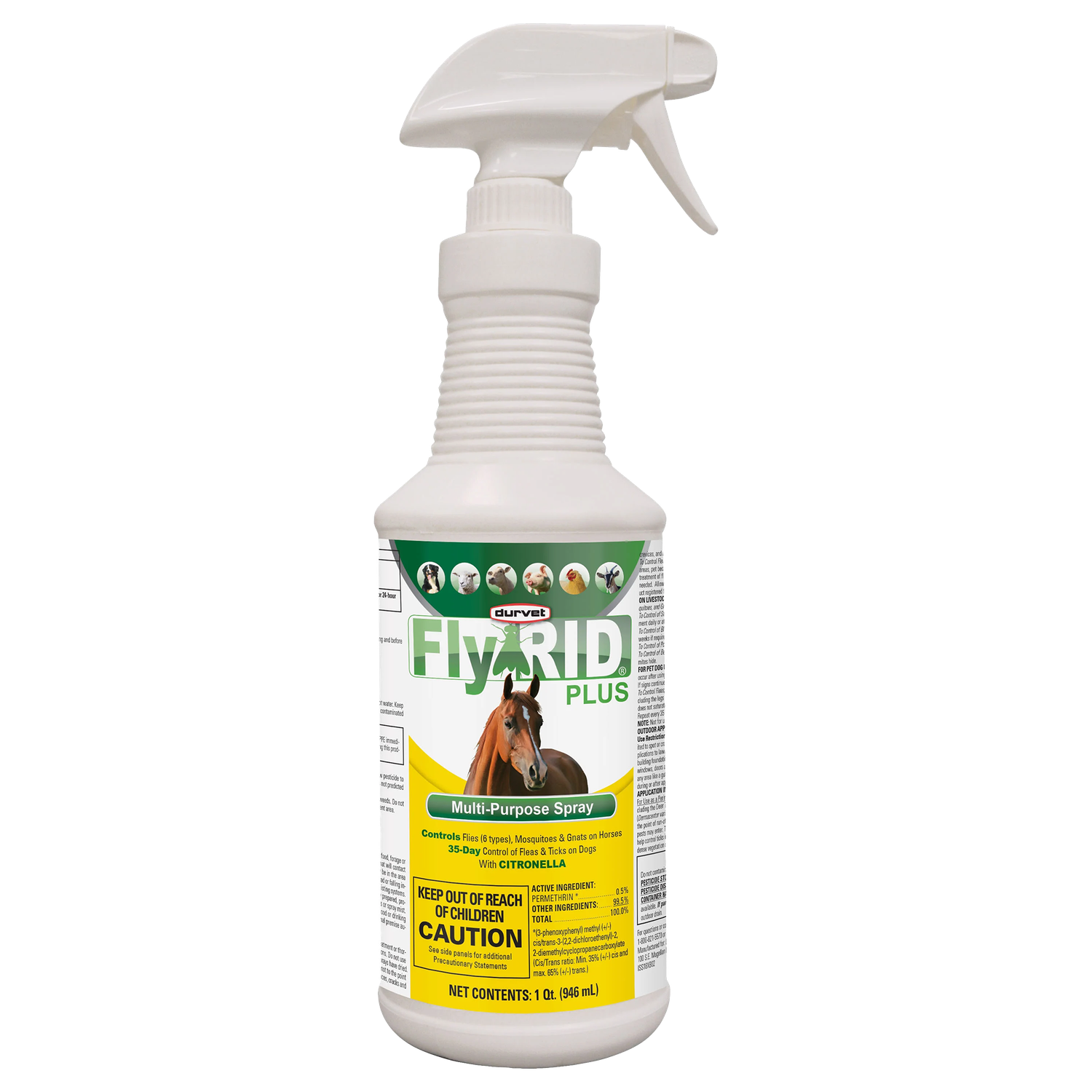 Durvet FlyRID Plus 32 oz multi-purpose permethrin spray bottle with horse and livestock icons