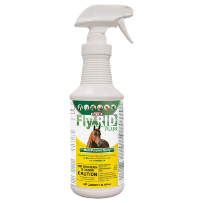 Durvet FlyRID Plus 32 oz multi-purpose permethrin spray bottle with horse and livestock icons