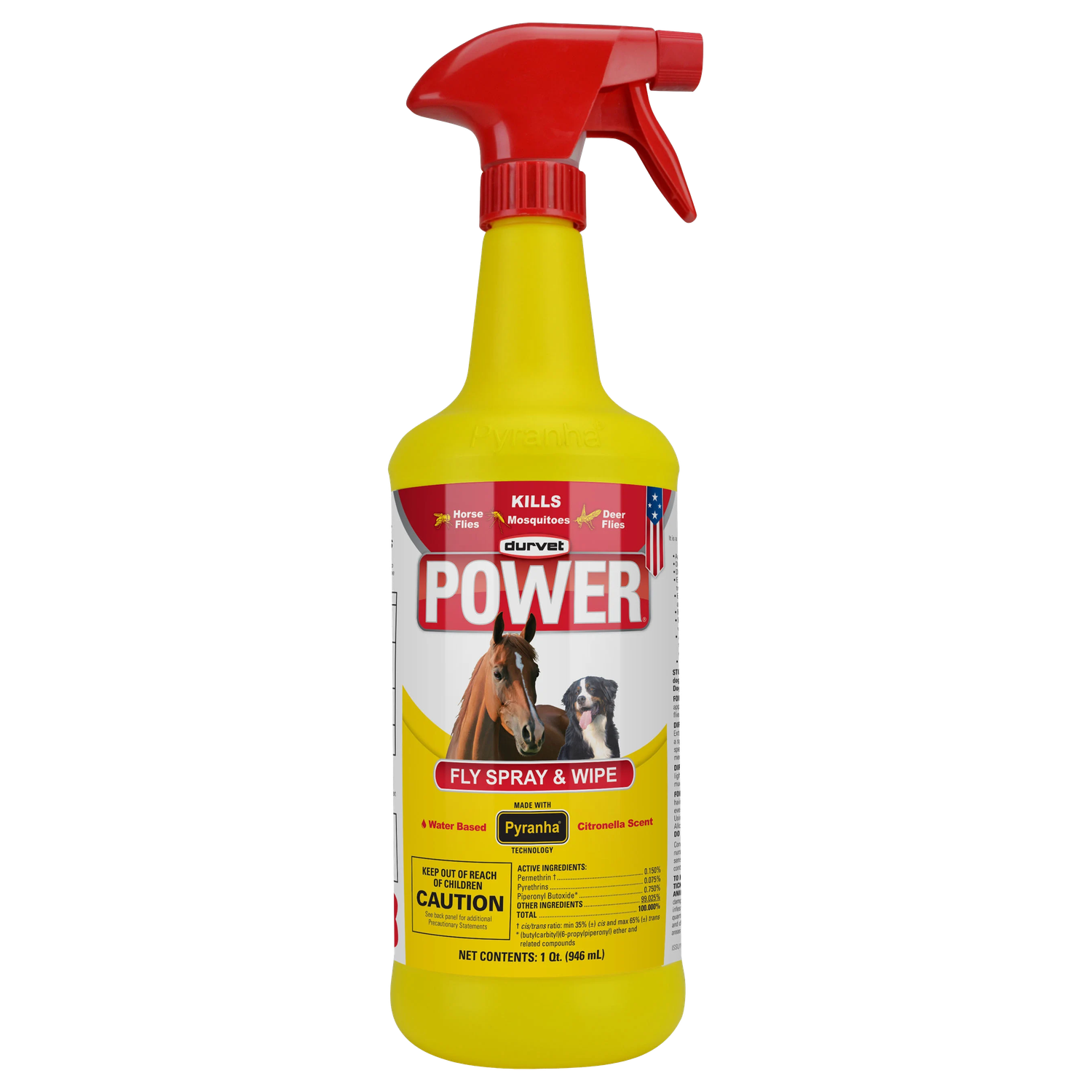 Durvet POWER Fly Spray &amp; Wipe 32 oz trigger bottle for labeled horse and dog use