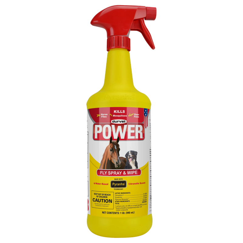 Durvet POWER Fly Spray &amp; Wipe 32 oz trigger bottle for labeled horse and dog use