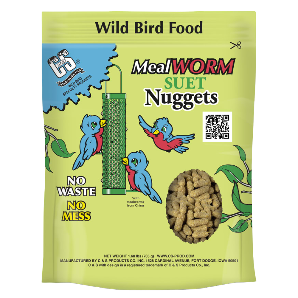 C&amp;S Mealworm Suet Nuggets 27 oz bag with bird illustrations and visible nuggets