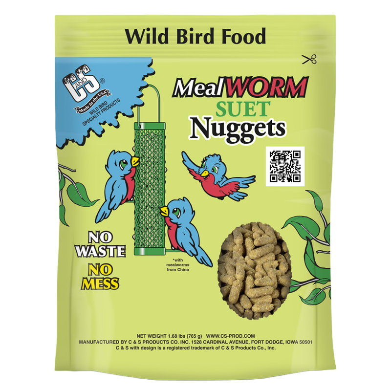 C&amp;S Mealworm Suet Nuggets 27 oz bag with bird illustrations and visible nuggets