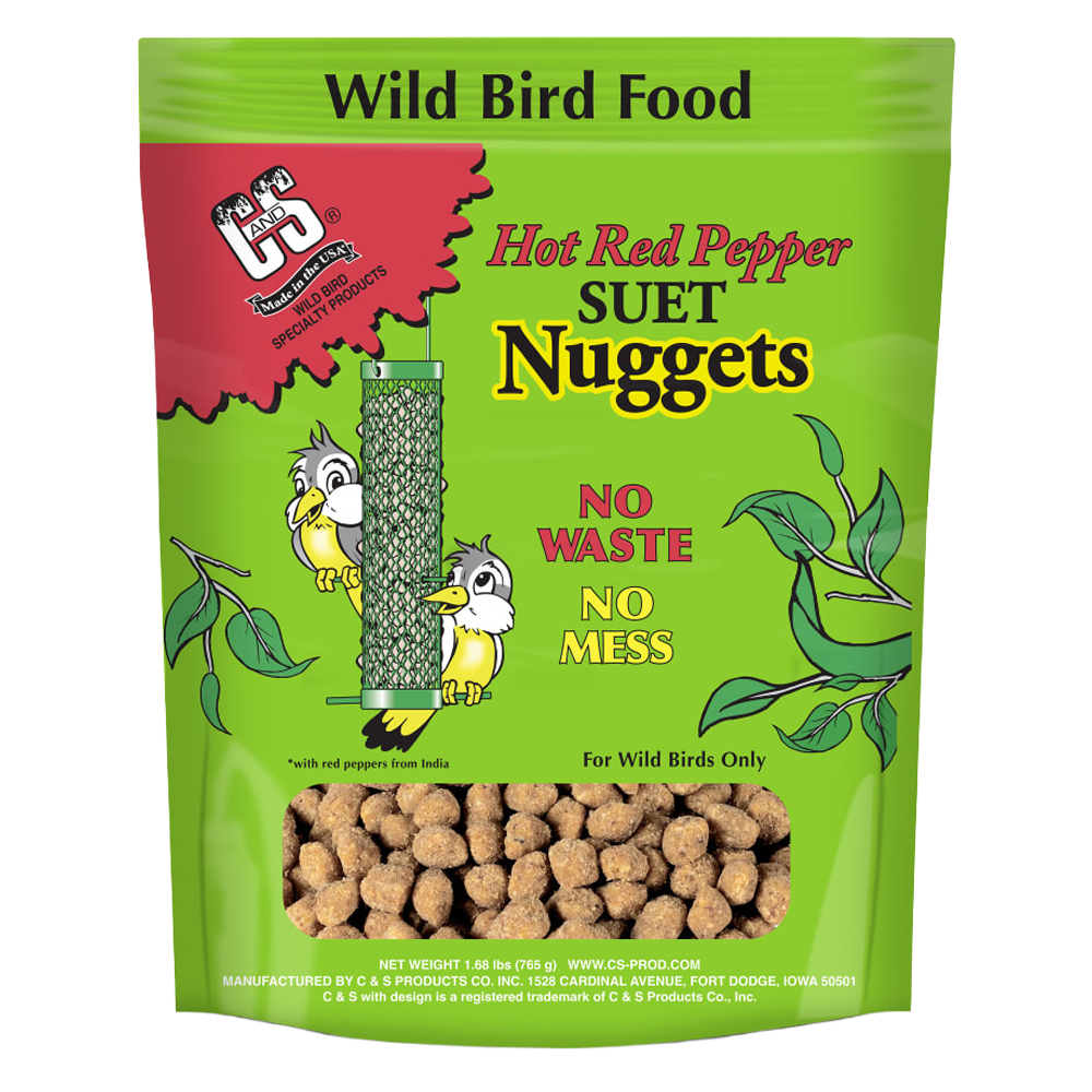 C&amp;S Hot Red Pepper Suet Nuggets 27 oz bag with feeder illustration and visible nuggets