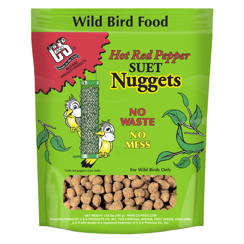 C&amp;S Hot Red Pepper Suet Nuggets 27 oz bag with feeder illustration and visible nuggets